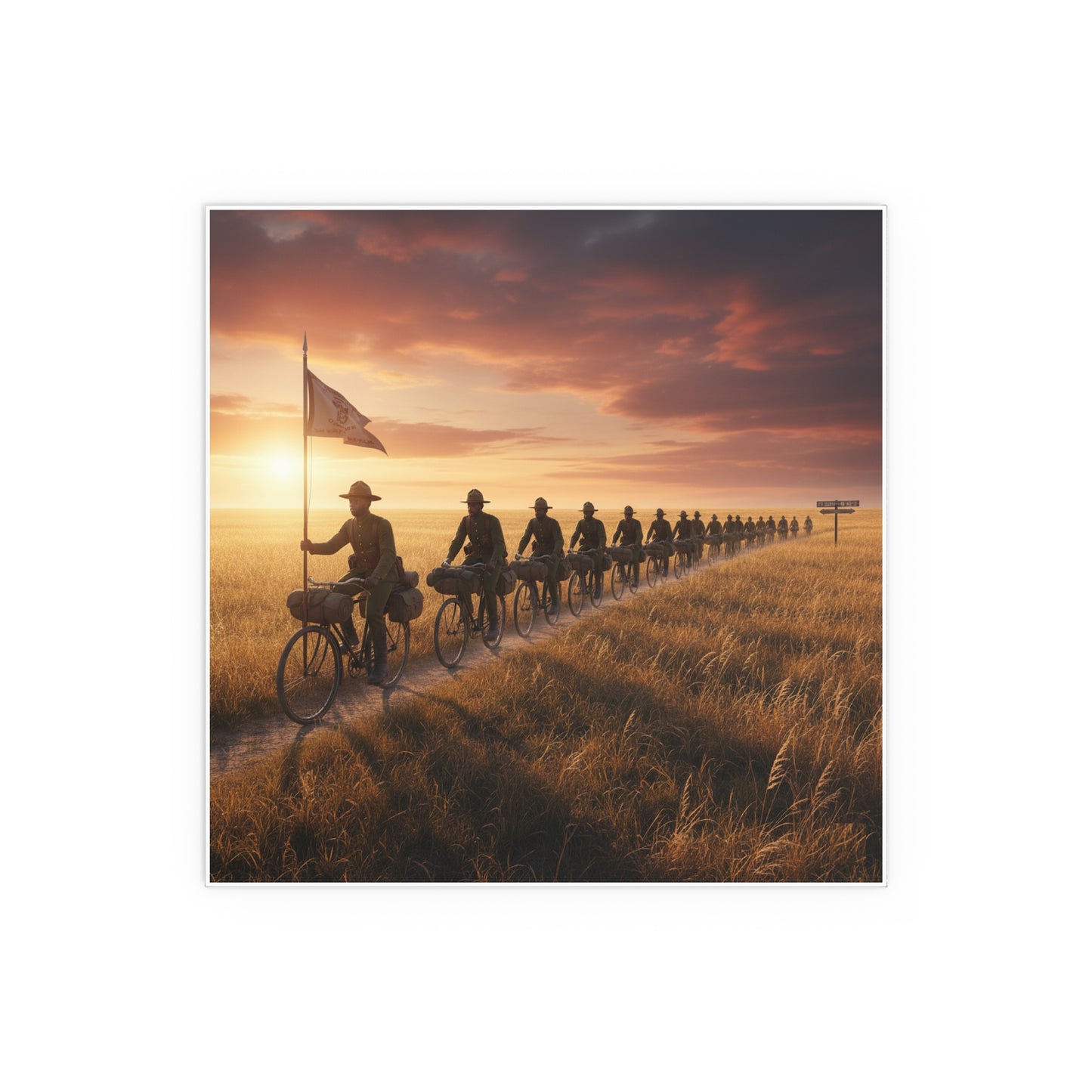 Indoor and Outdoor Silk Posters - E Company 25th Infantry Buffalo Soldiers Bicycle Corps with Guidon on the Prairie at Sunset