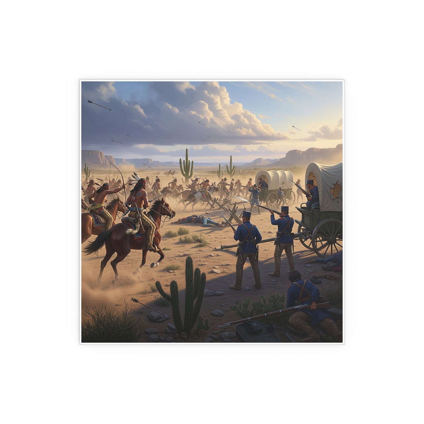 Indoor and Outdoor Silk Posters - Apache Indians attacking a US Army defending a wagon train