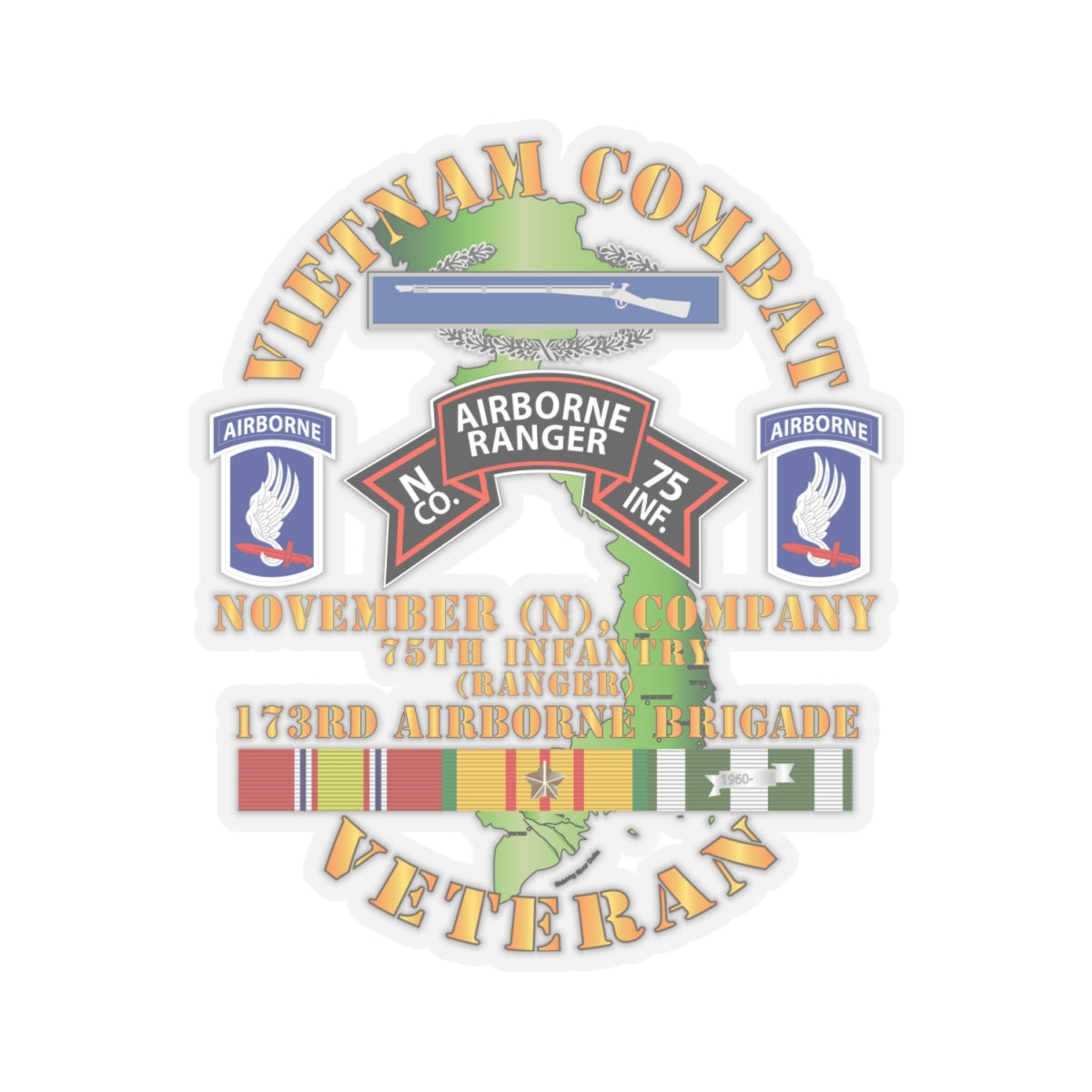 Kiss-Cut Stickers - Vietnam Combat Vet - N Co 75th Infantry (Ranger) - 173rd Airborne Bde SSI