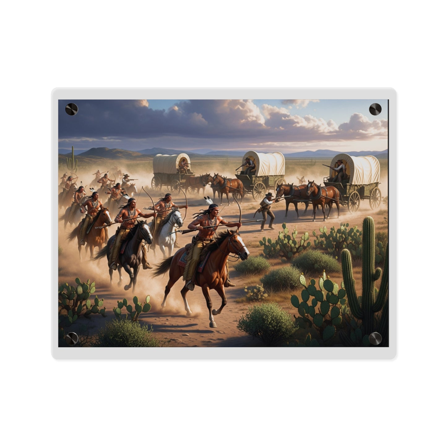 Acrylic Wall Art Panel - Apache Indians attacking a wagon train