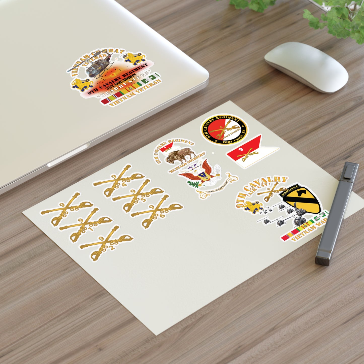 Military Sticker Sheets, 9th Cavalry Regiment with All Squadron Branch Insignia, Buffalo Soldiers, Air Cav, Headhunters Versions