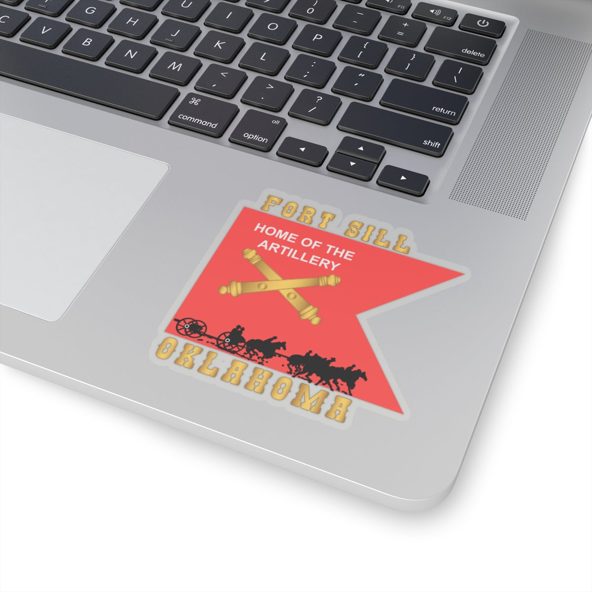 Kiss-Cut Stickers - Fort SIll, Home of Artillery Guidon w Cassion - Black X 300