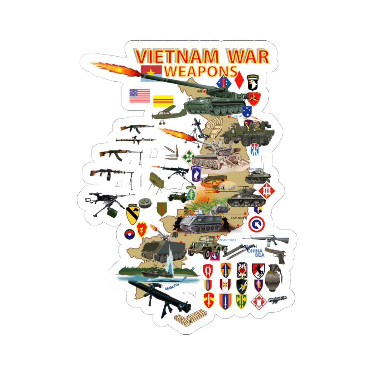 Kiss-Cut Stickers - Map - Vietnam Units -with Wpns - Equipment