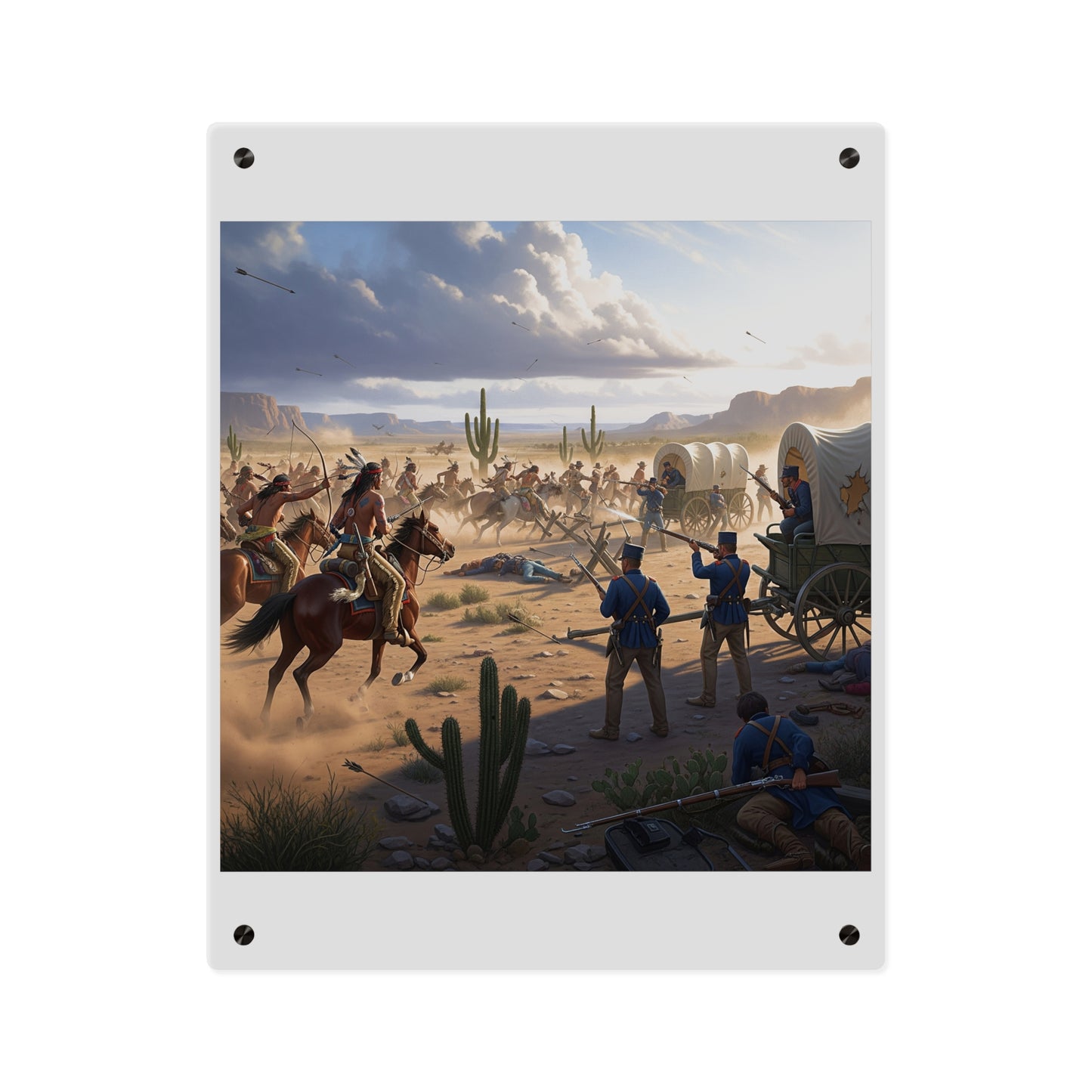 Acrylic Wall Art Panel - Apache Indians attacking a US Army defending a wagon train