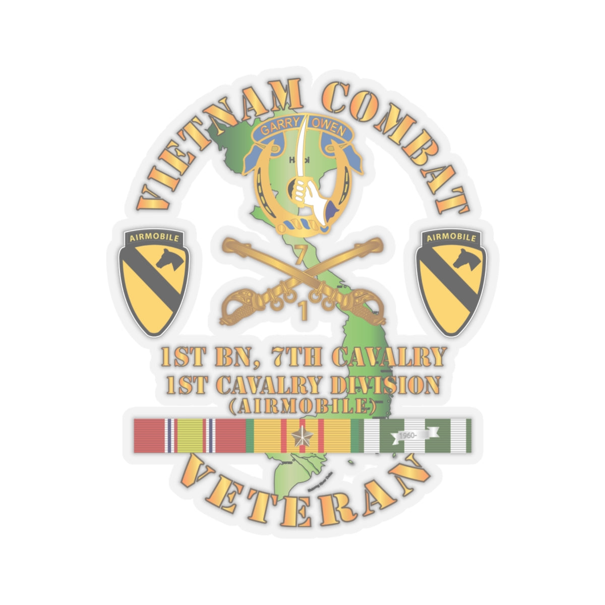 Kiss-Cut Stickers - Vietnam Combat Cavalry Veteran w 1st Bn 7th Cav DUI - 1st Cav Div