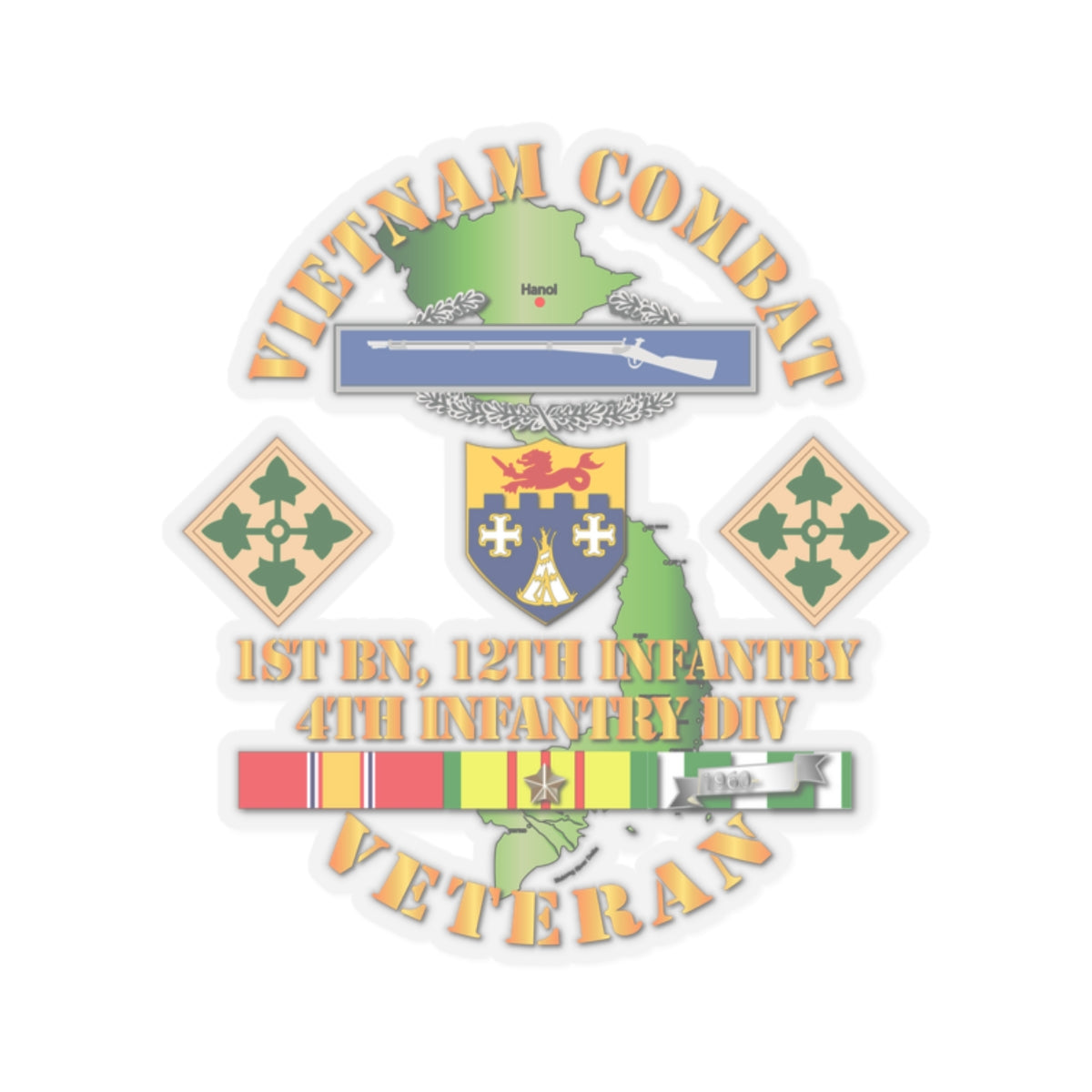 Kiss-Cut Stickers -  Vietnam Combat Infantry Veteran w 1st Bn 12th Inf - 4th ID SSI