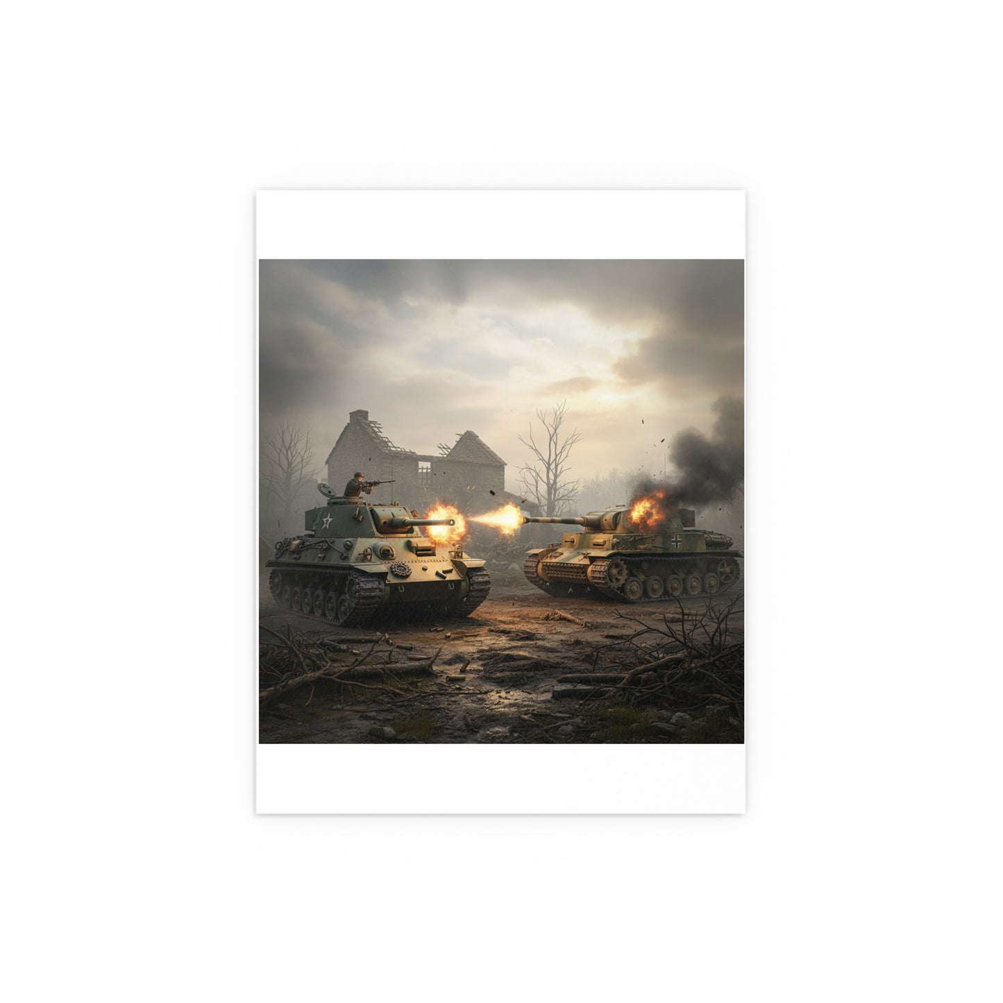 Indoor and Outdoor Silk Posters - M10 Wolverine battles German Panzer Tank WWII