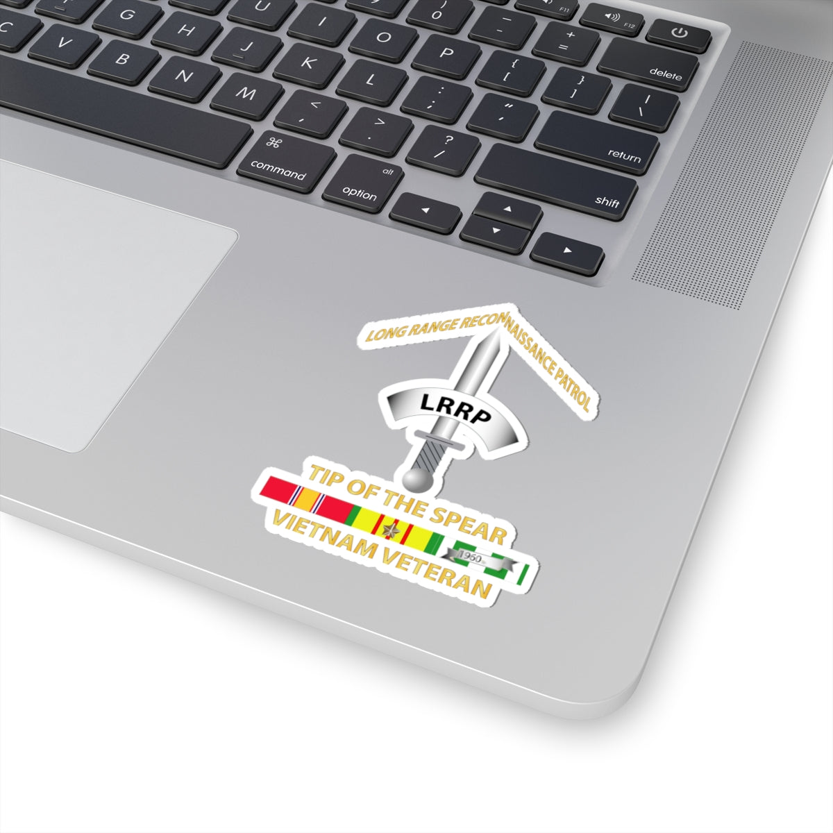 Kiss-Cut Stickers - Badge - Long Range Reconnaissance Patrol - Tip of the Spear - Vietnam Veteran with Service Ribbons