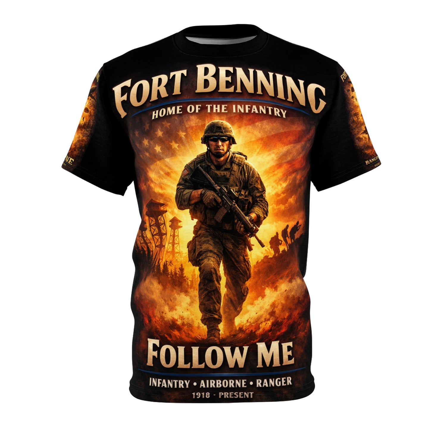 Fort Benning Infantry Tribute All‑Over Print Tee — "Follow Me, I Am the Infantry"