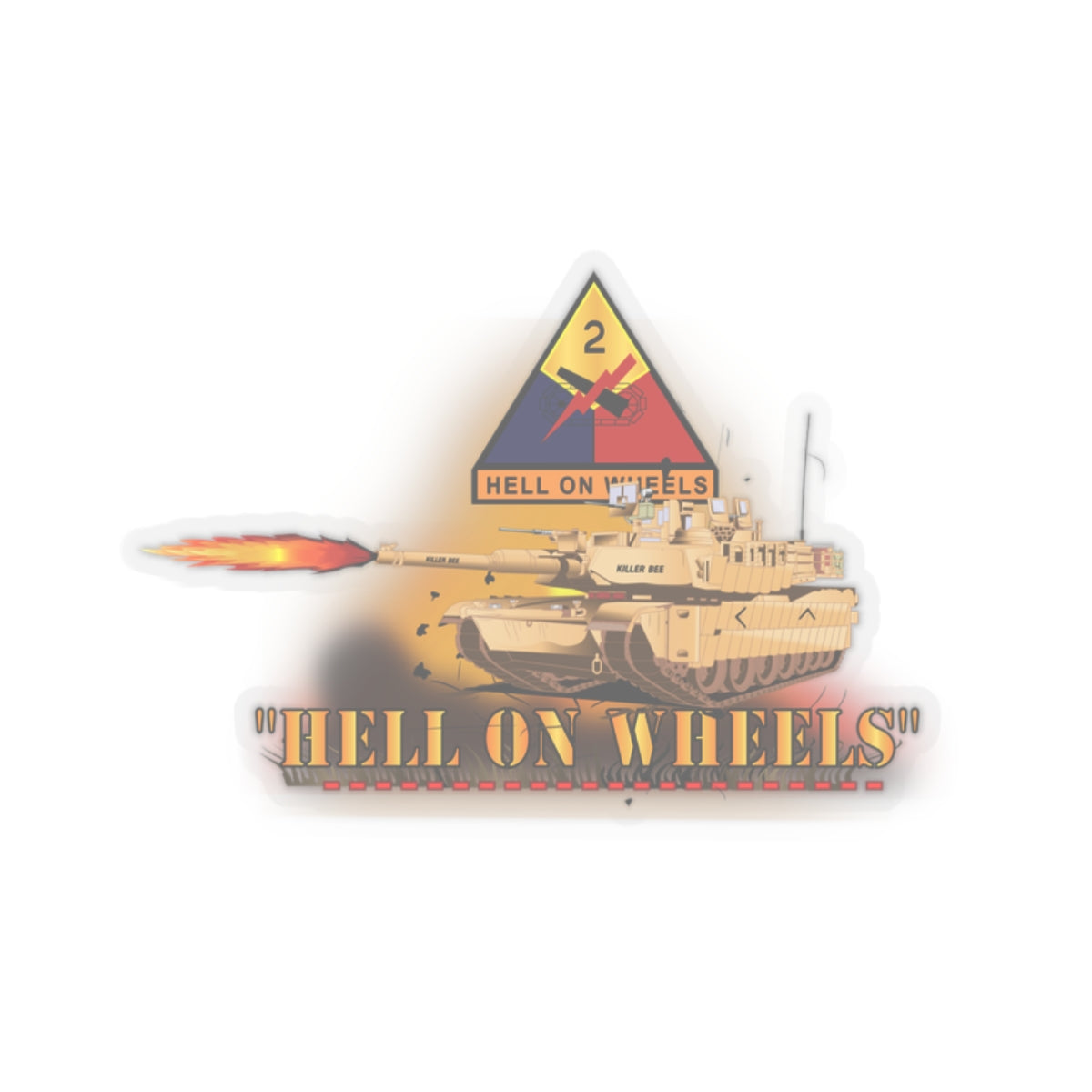 Kiss-Cut Stickers - 2nd Armored Division - M1A1 Tank - Hell on Wheels w Fire X 300