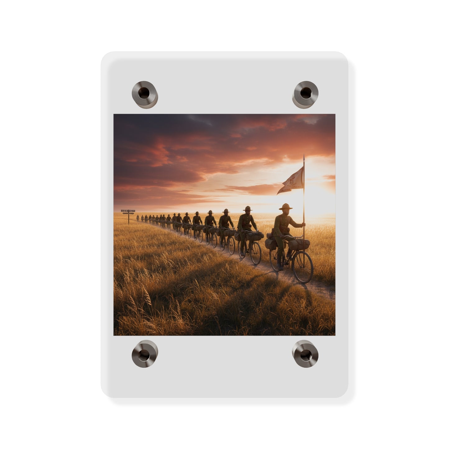 Acrylic Wall Art Panel - E Company 25th Infantry Buffalo Soldiers Bicycle Corps with Guidon on the Prairie at Sunset