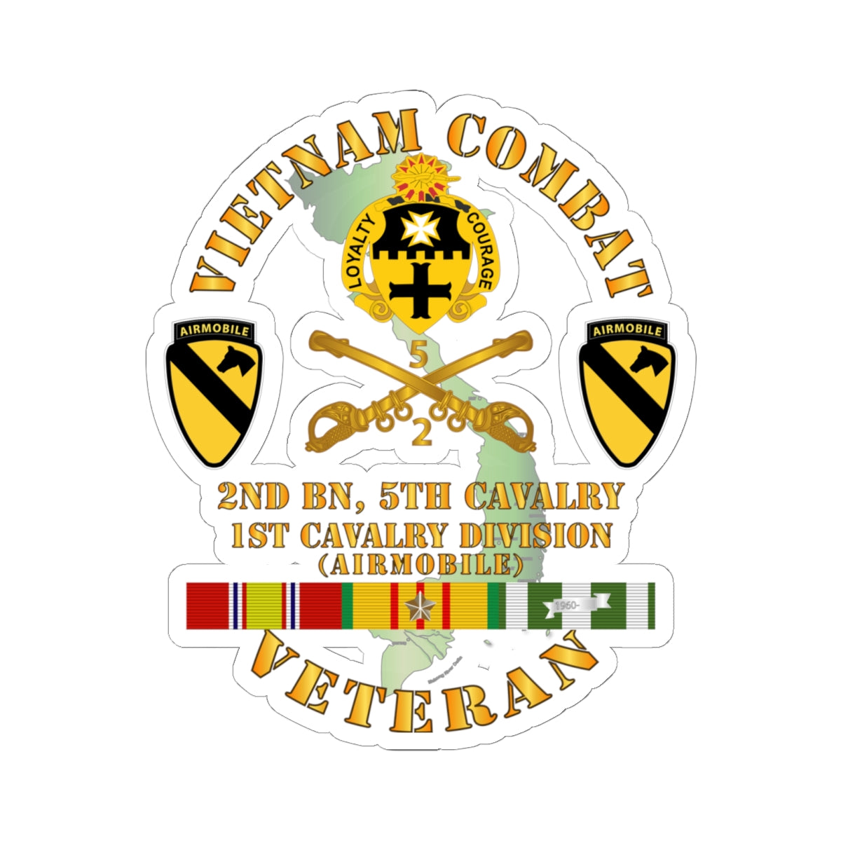 Kiss-Cut Stickers - Vietnam Combat Cavalry Veteran w 2nd Bn 5th Cav DUI - 1st Cav Div