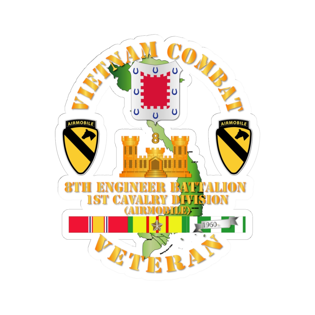 Kiss-Cut Stickers - Vietnam Combat Cavalry Veteran w 8th Engineer Bn - 1st Cav Div
