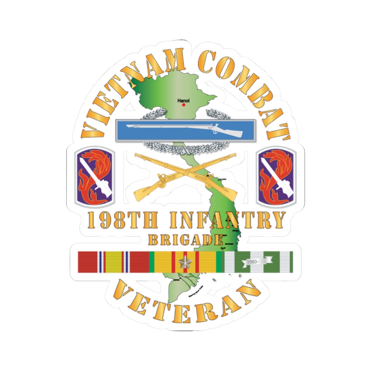 Kiss-Cut Stickers - Vietnam Combat Infantry Veteran w 198th Inf Bde SSI V1