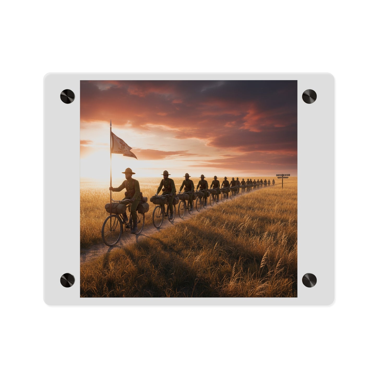 Acrylic Wall Art Panel - E Company 25th Infantry Buffalo Soldiers Bicycle Corps with Guidon on the Prairie at Sunset