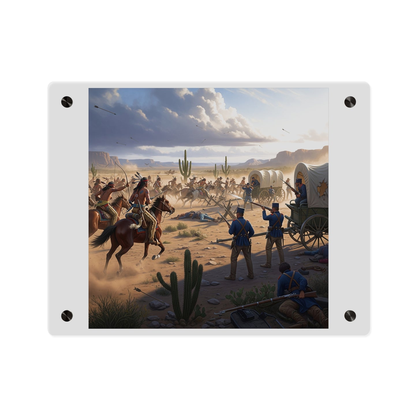 Acrylic Wall Art Panel - Apache Indians attacking a US Army defending a wagon train
