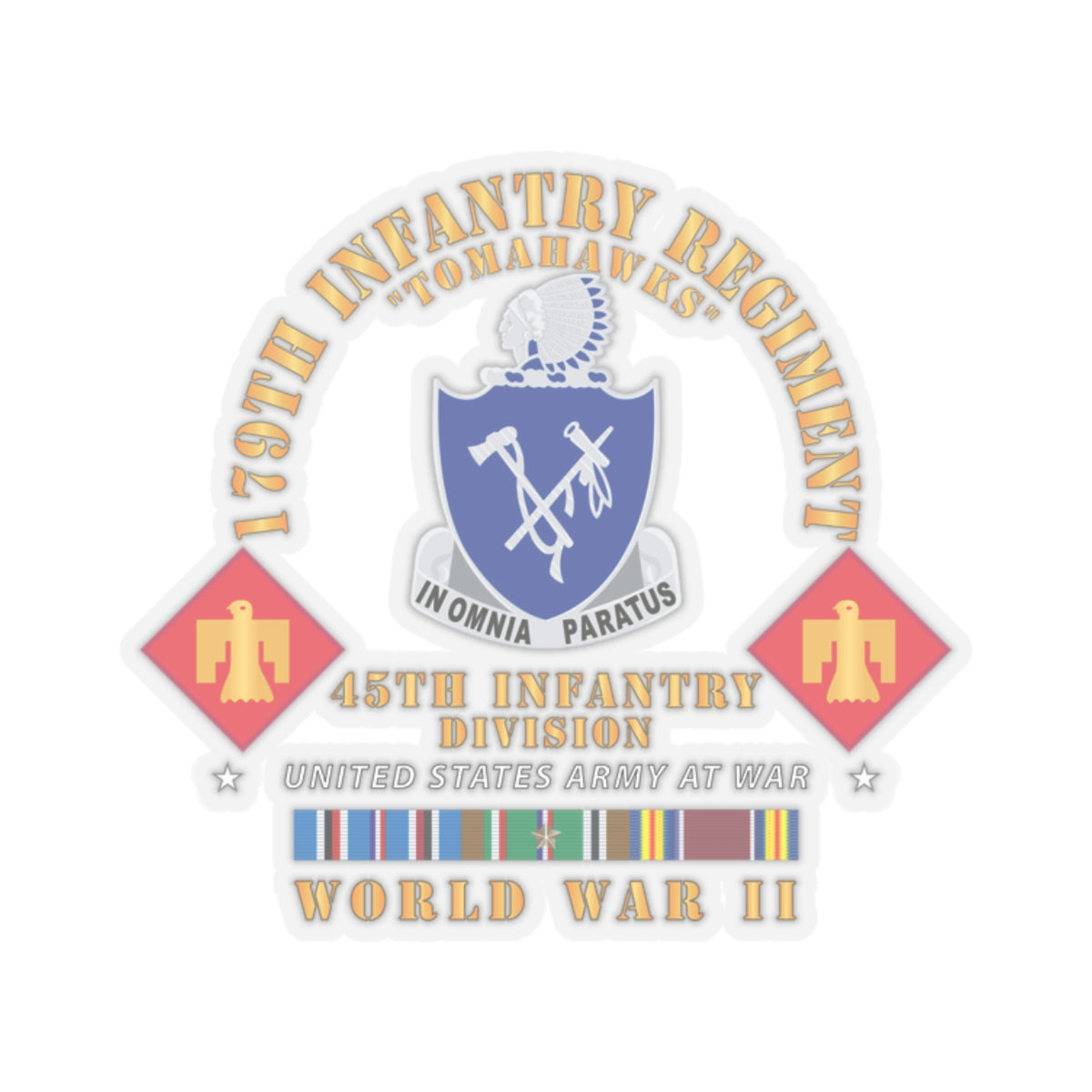 Kiss-Cut Stickers - 179th Infantry Regiment - Tomahawks - DUI - 45th ID - WWII w EUR SVC X 300