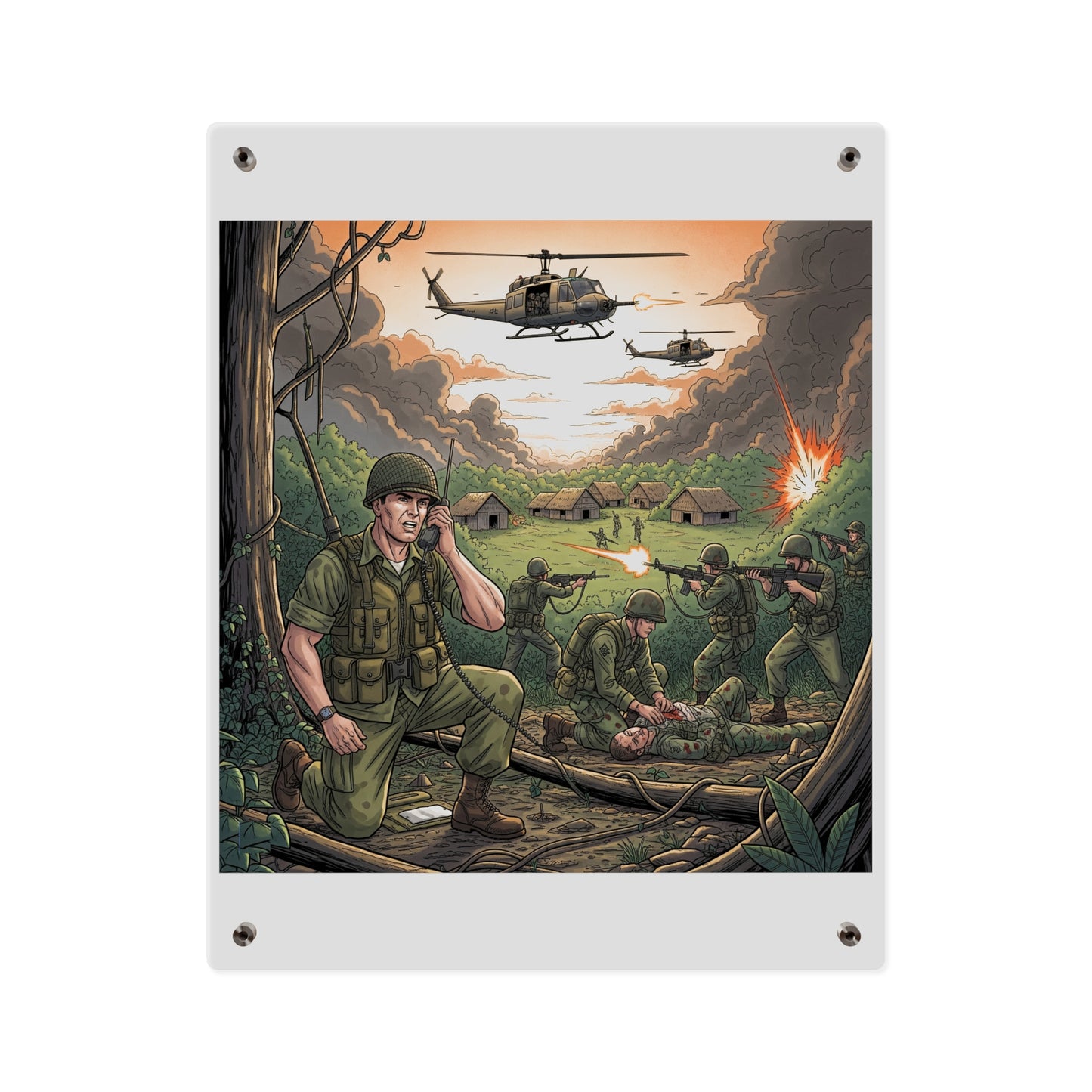 Acrylic Wall Art Panel - Vietnam Patrol Fire Fight Requesting Medevac