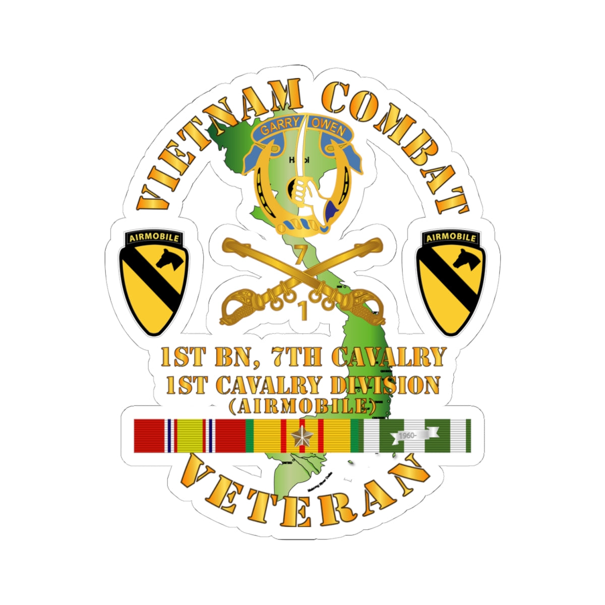 Kiss-Cut Stickers - Vietnam Combat Cavalry Veteran w 1st Bn 7th Cav DUI - 1st Cav Div
