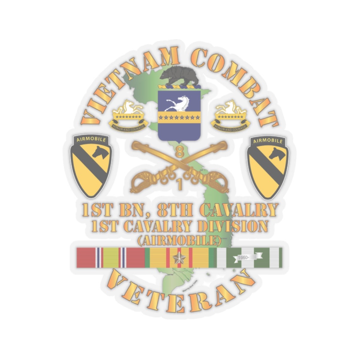 Kiss-Cut Stickers - Vietnam Combat Cavalry Veteran w 1st Bn - 8th Cav COA - 1st Cav Div X 300