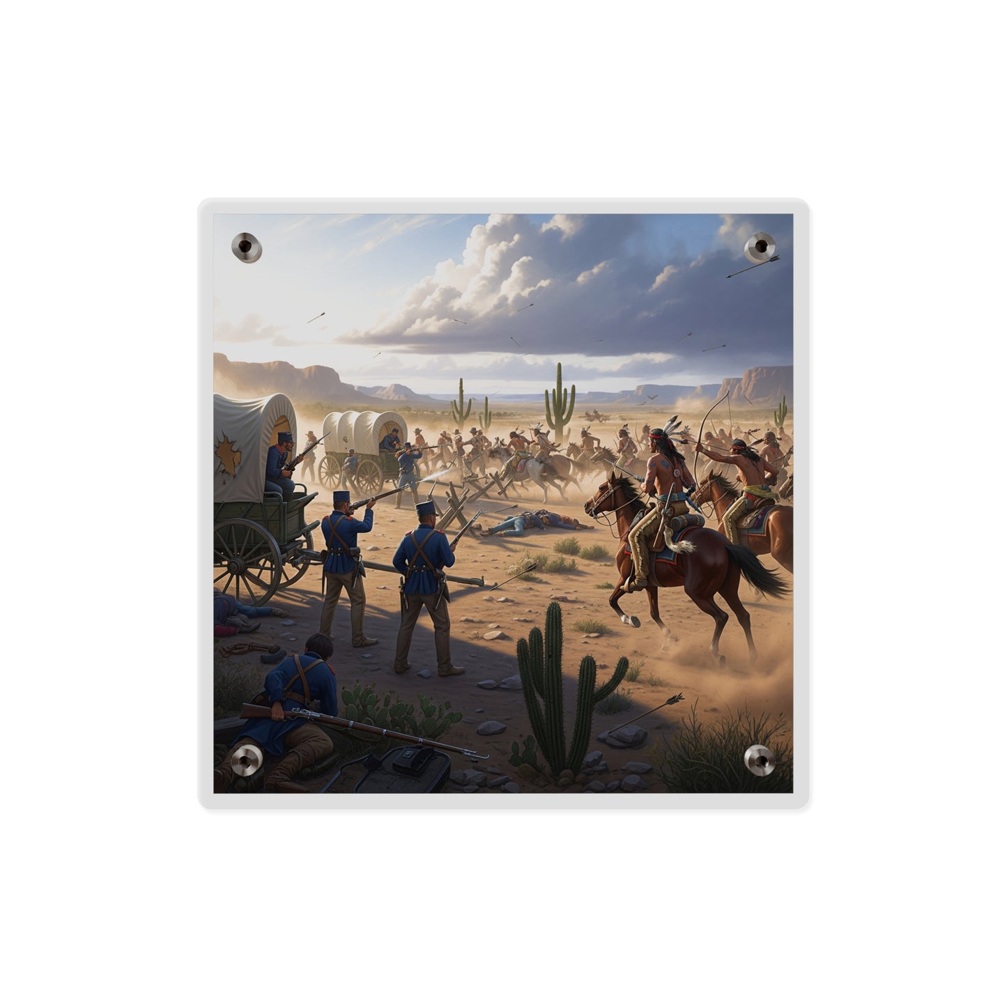 Acrylic Wall Art Panel - Apache Indians attacking a US Army defending a wagon train
