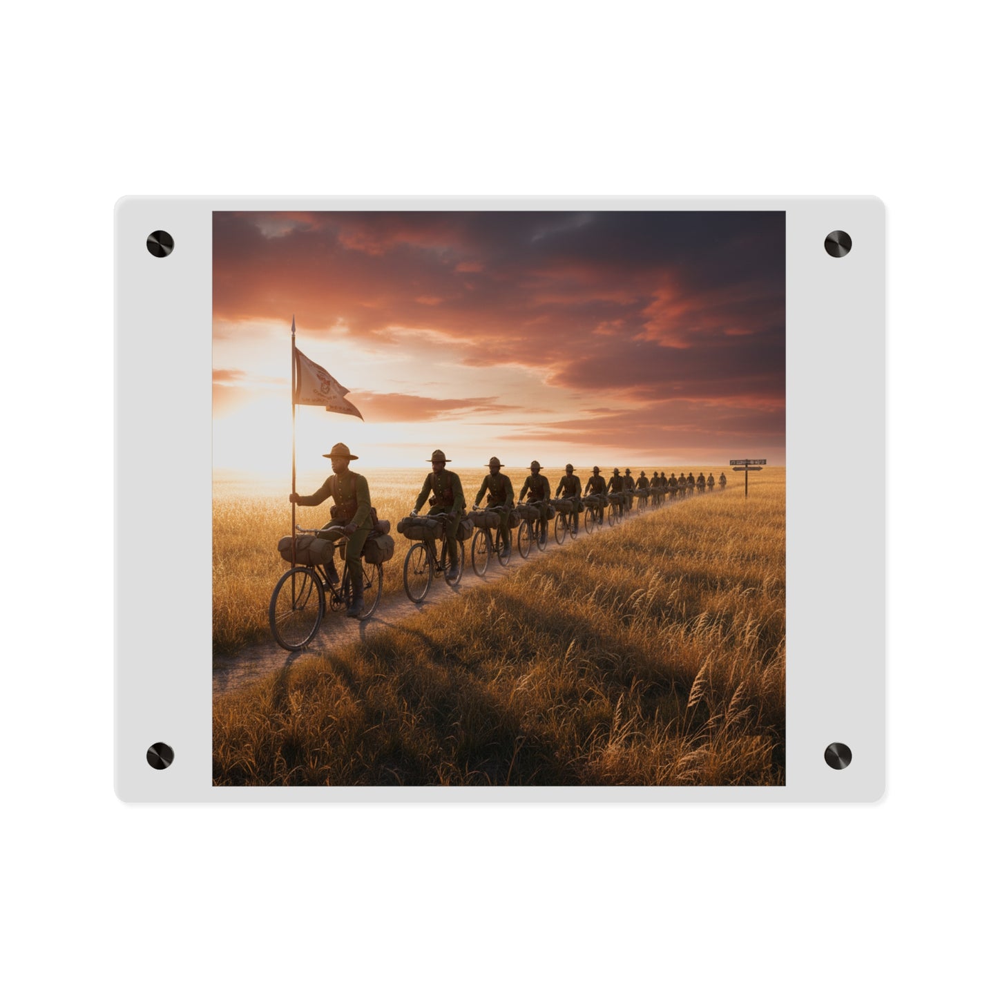 Acrylic Wall Art Panel - E Company 25th Infantry Buffalo Soldiers Bicycle Corps with Guidon on the Prairie at Sunset