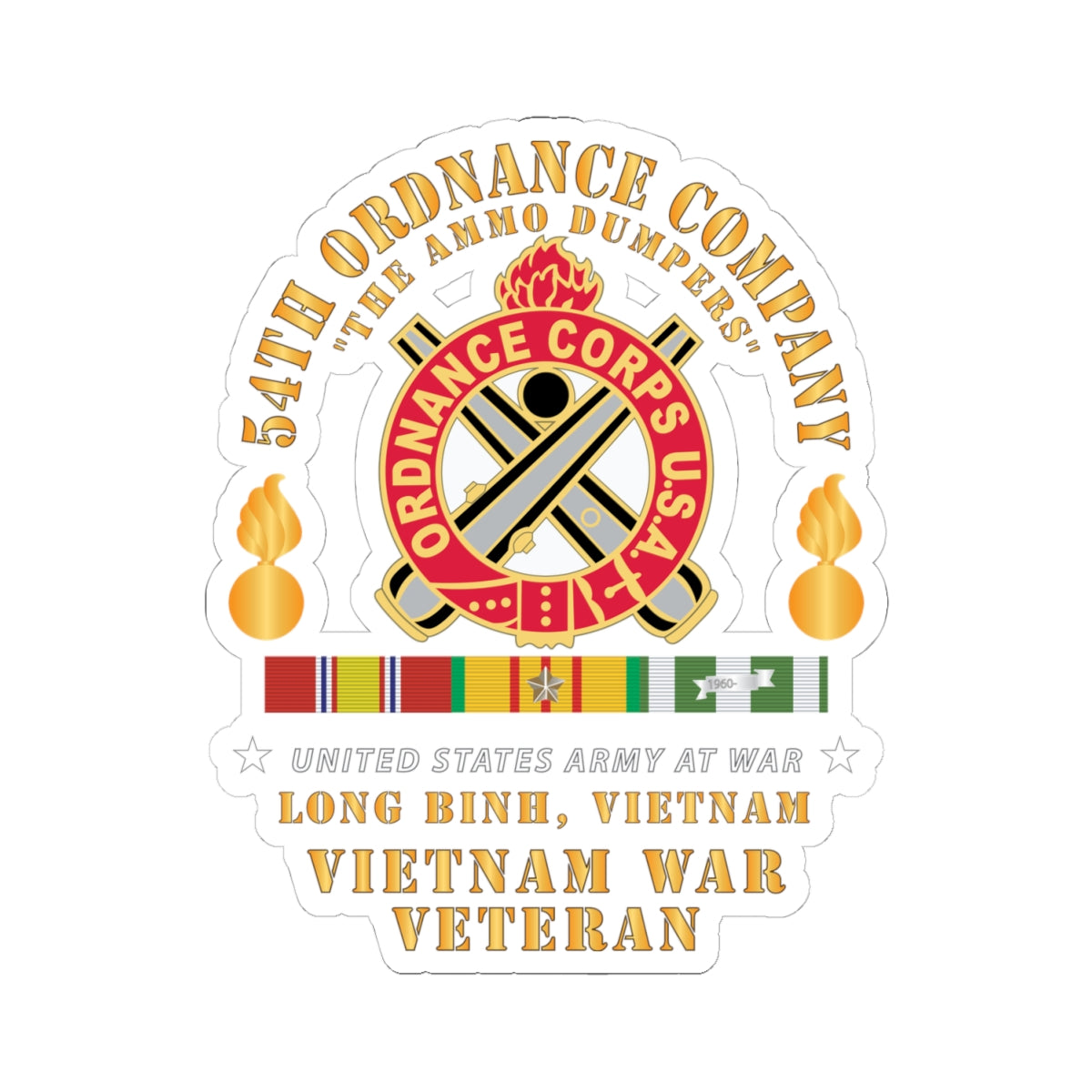 Kiss-Cut Stickers - 54th Ordnance Company - ORD Emblem - Ammo Dumpers - Long Binh, Vietnam Vet w VN SVC X 300