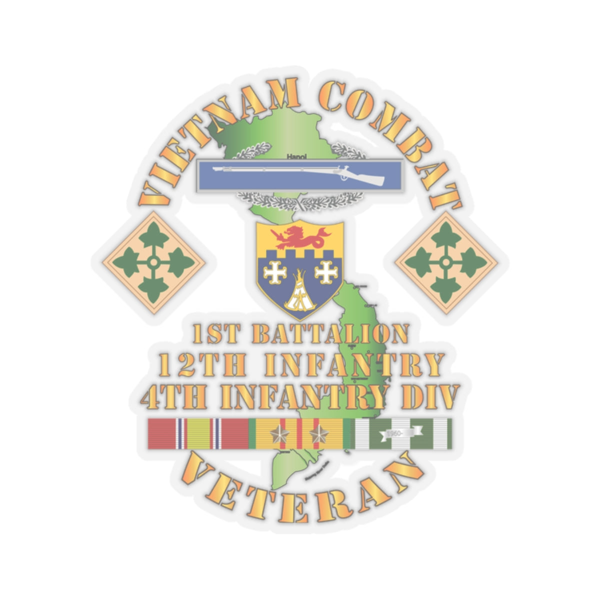 Kiss-Cut Stickers - Vietnam Combat Infantry Vet w 1st Bn 12th Inf - 4th ID w 2 Stars
