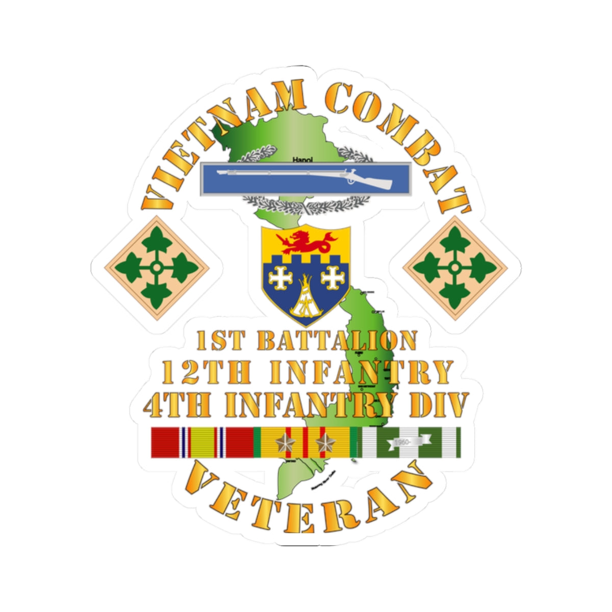 Kiss-Cut Stickers - Vietnam Combat Infantry Vet w 1st Bn 12th Inf - 4th ID w 2 Stars