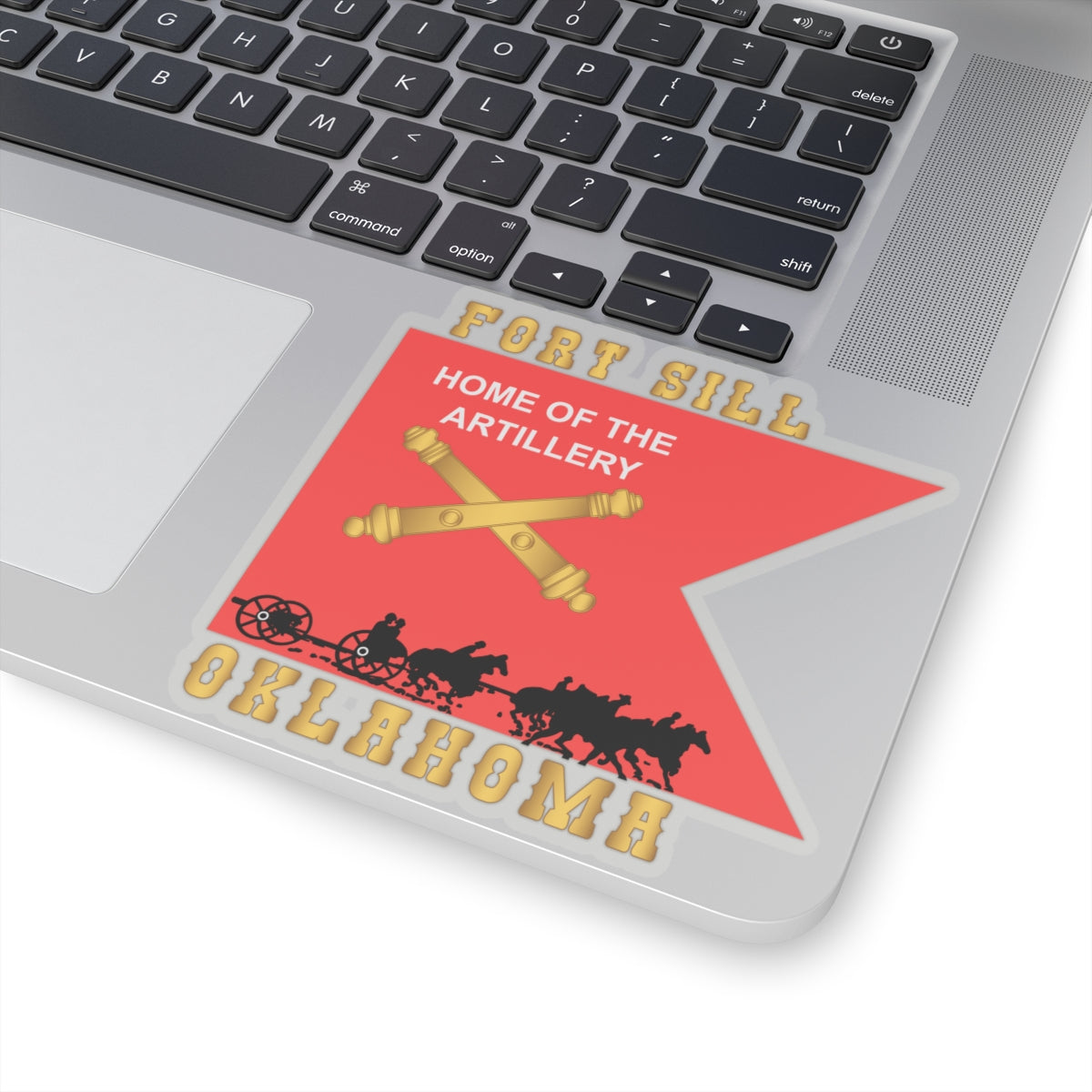 Kiss-Cut Stickers - Fort SIll, Home of Artillery Guidon w Cassion - Black X 300