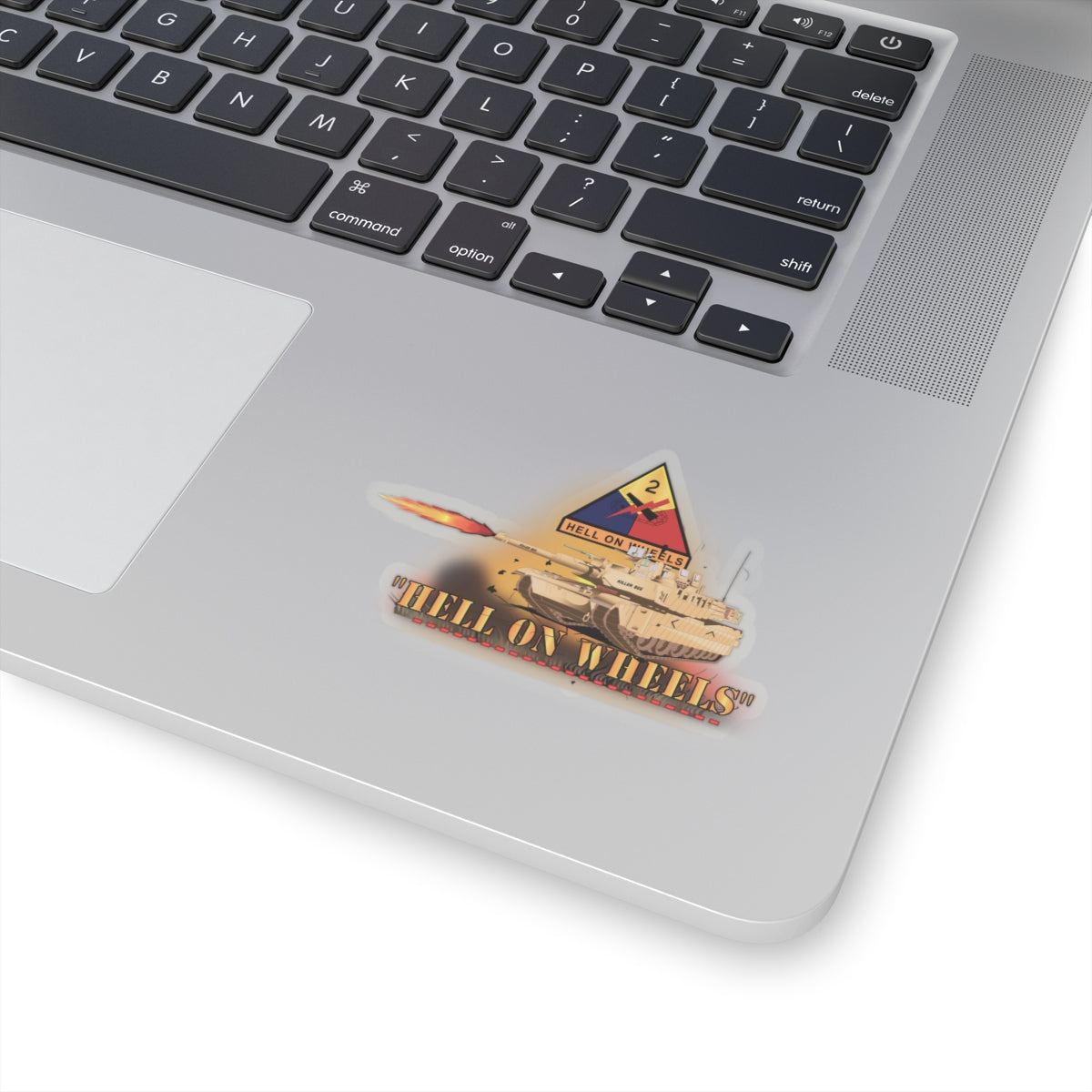 Kiss-Cut Stickers - 2nd Armored Division - M1A1 Tank - Hell on Wheels w Fire X 300