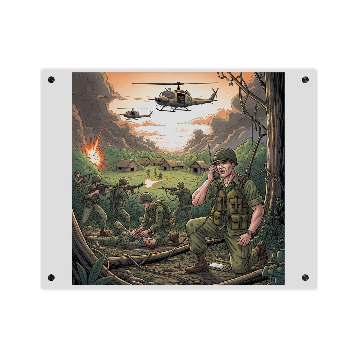 Acrylic Wall Art Panel - Vietnam Patrol Fire Fight Requesting Medevac