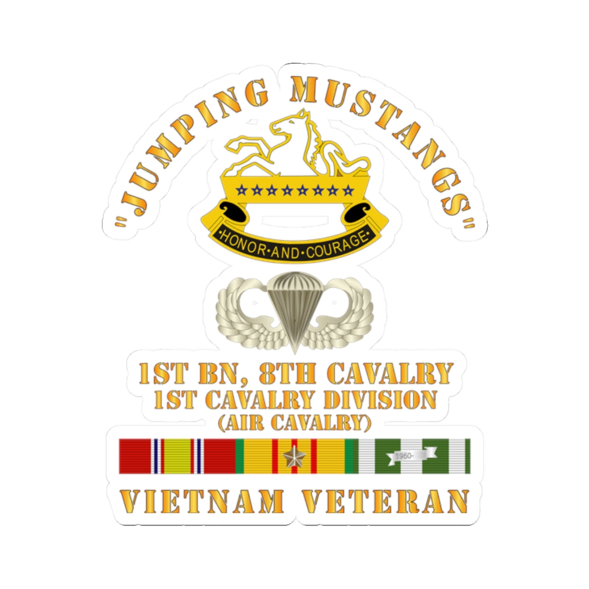Kiss-Cut Stickers - Jumping Mustangs w DUI - ABN Basic - 1st Bn 8th Cav w VN SVC