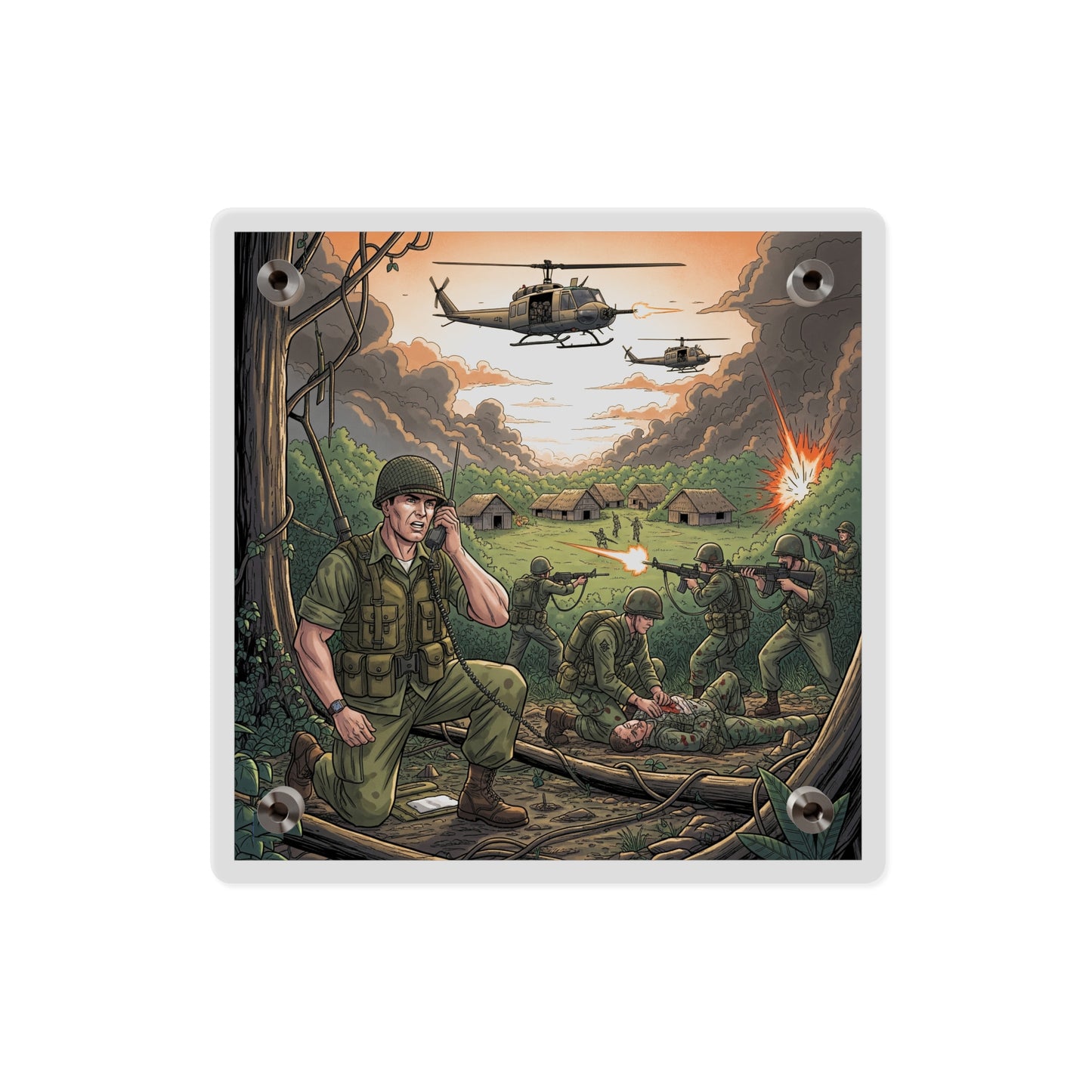 Acrylic Wall Art Panel - Vietnam Patrol Fire Fight Requesting Medevac