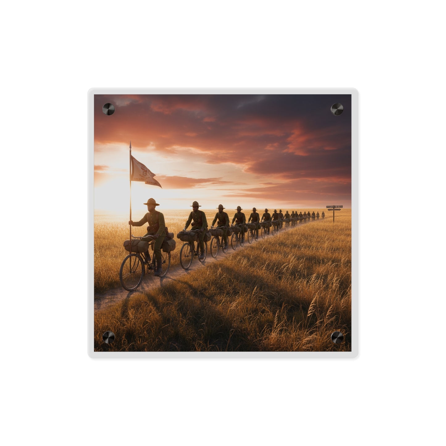 Acrylic Wall Art Panel - E Company 25th Infantry Buffalo Soldiers Bicycle Corps with Guidon on the Prairie at Sunset