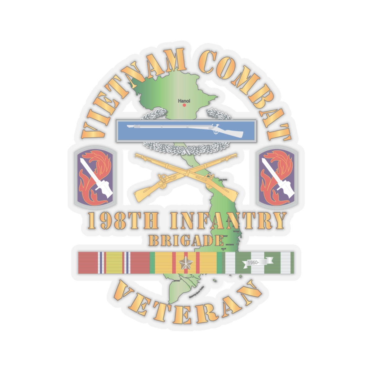 Kiss-Cut Stickers - Vietnam Combat Infantry Veteran w 198th Inf Bde SSI V1