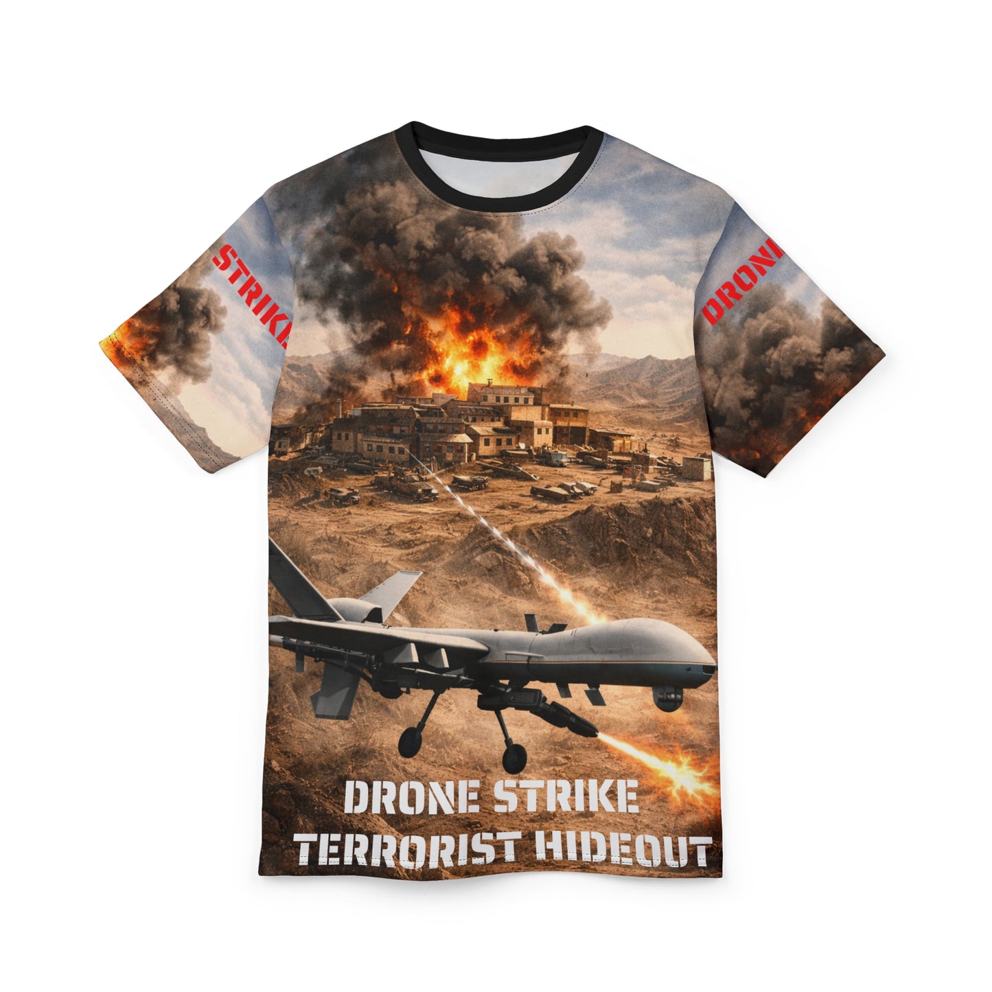 All-Over Print Tee — "Drone Strike Against Terrorist Training Facility" Graphic