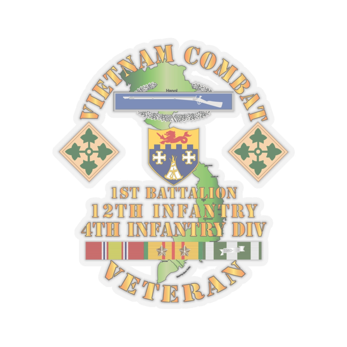 Kiss-Cut Stickers - Vietnam Combat Infantry Vet w 1st Bn 12th Inf - 4th ID w 2 Stars