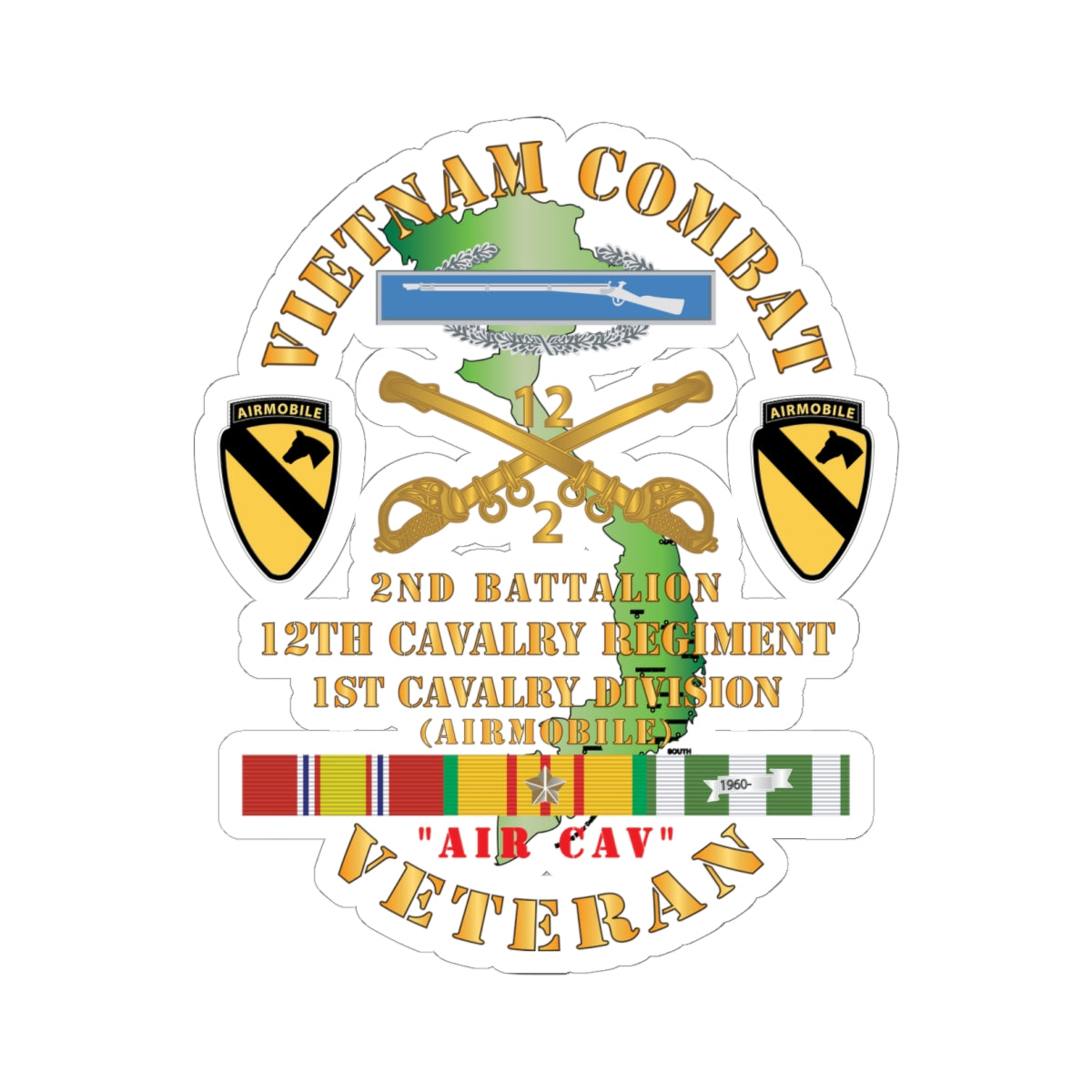 Kiss-Cut Stickers - Vietnam Combat Cavalry Veteran w 2nd Bn 12th Cav Regt w CIB - 1st Cav Div X 300
