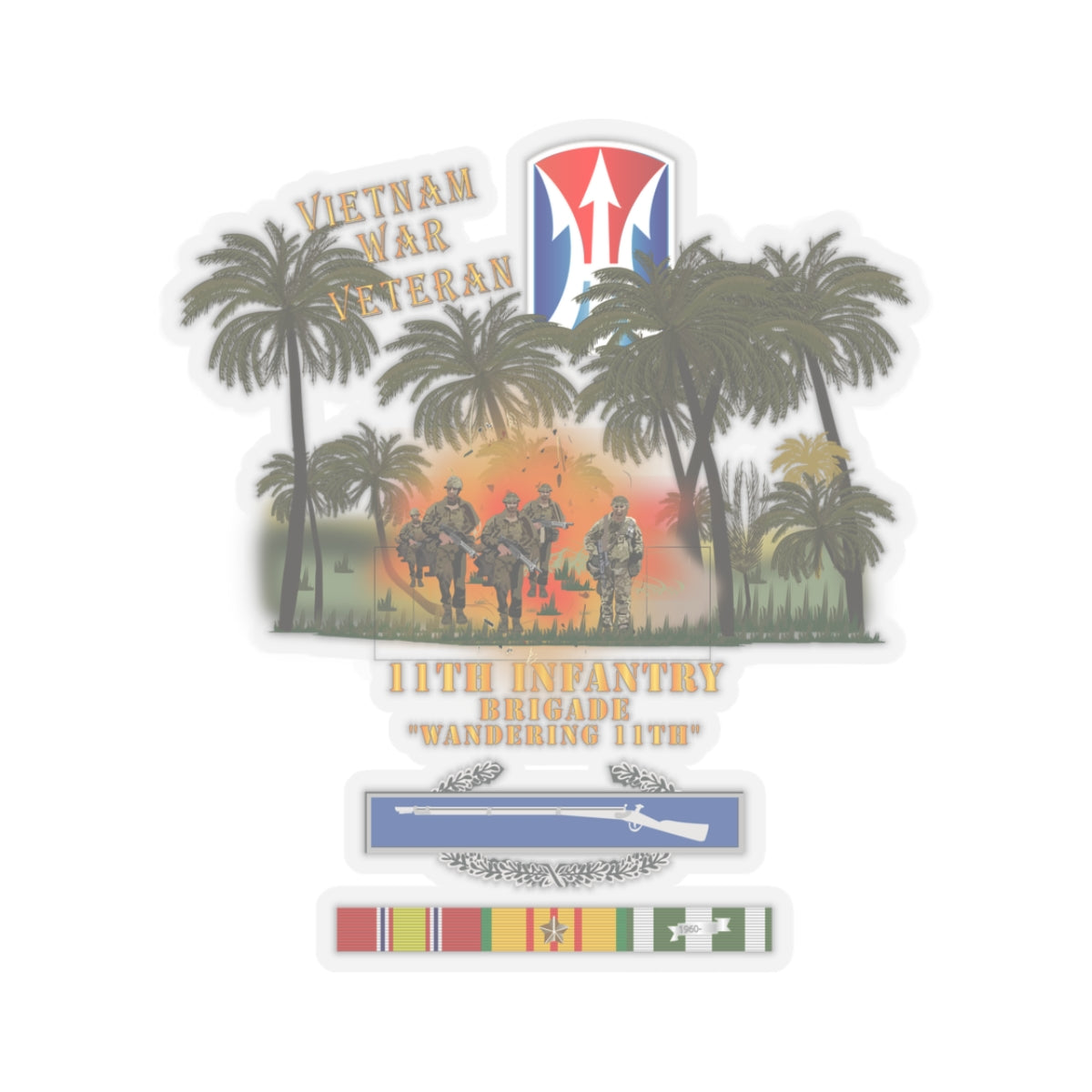 Kiss-Cut Stickers - 11th Light Infantry Brigade - Vietnam Jungle Patrol w Fire X 300