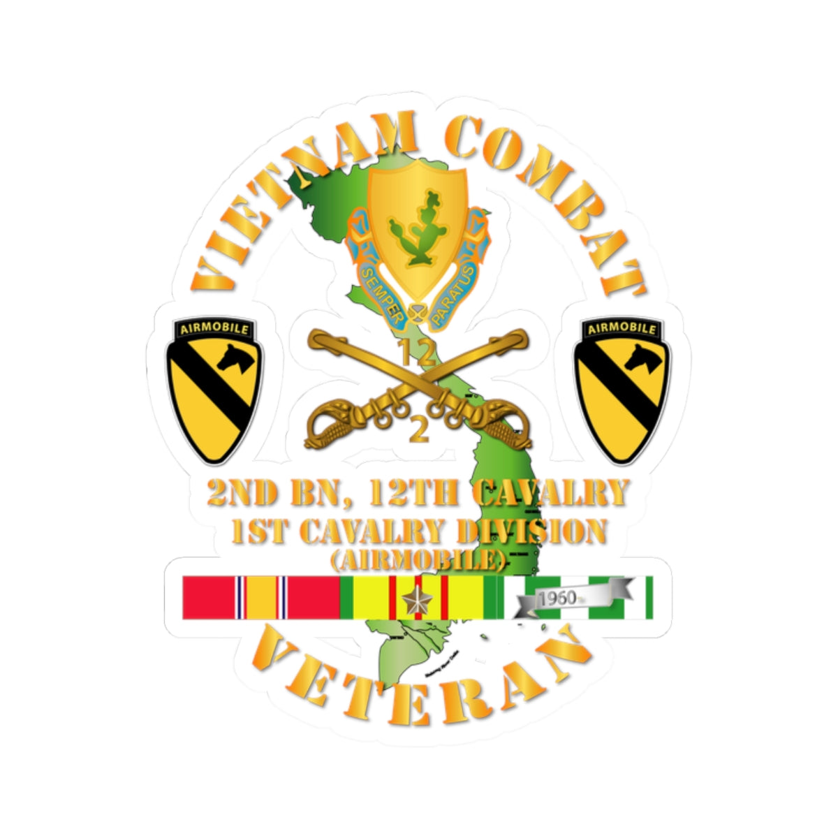 Kiss-Cut Stickers - Vietnam Combat Cavalry Veteran w 2nd Bn 12th Cav DUI - 1st Cav Div