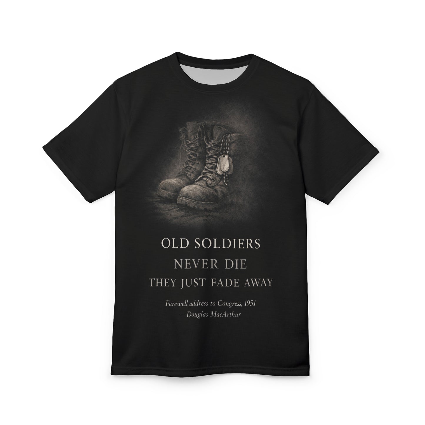 Veterans Tribute All-Over Print Tee — "Old Soldiers Never Die"