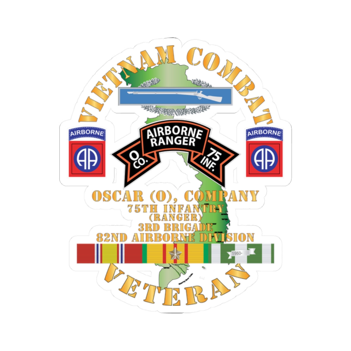 Kiss-Cut Stickers - Vietnam Combat Vet - O Co 75th Infantry (Ranger) - 3rd Bde 82nd Airborne DivSI
