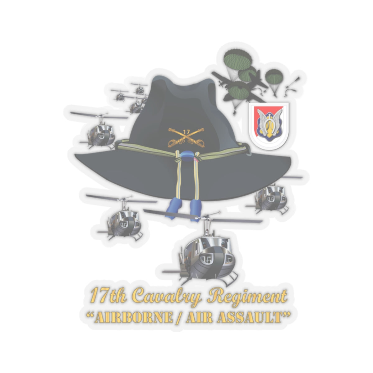 Kiss-Cut Stickers - 17th Cavalry Hat - Abn - Air Assault w Br w Flash w Slicks