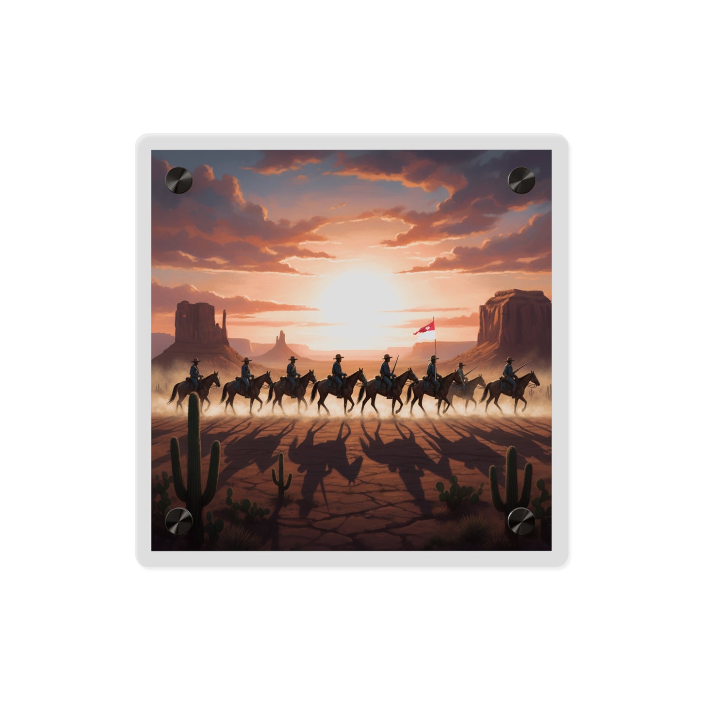 Acrylic Wall Art Panel - 10th Cavalry on Patrol in the sunset w 10th Cav Guidon