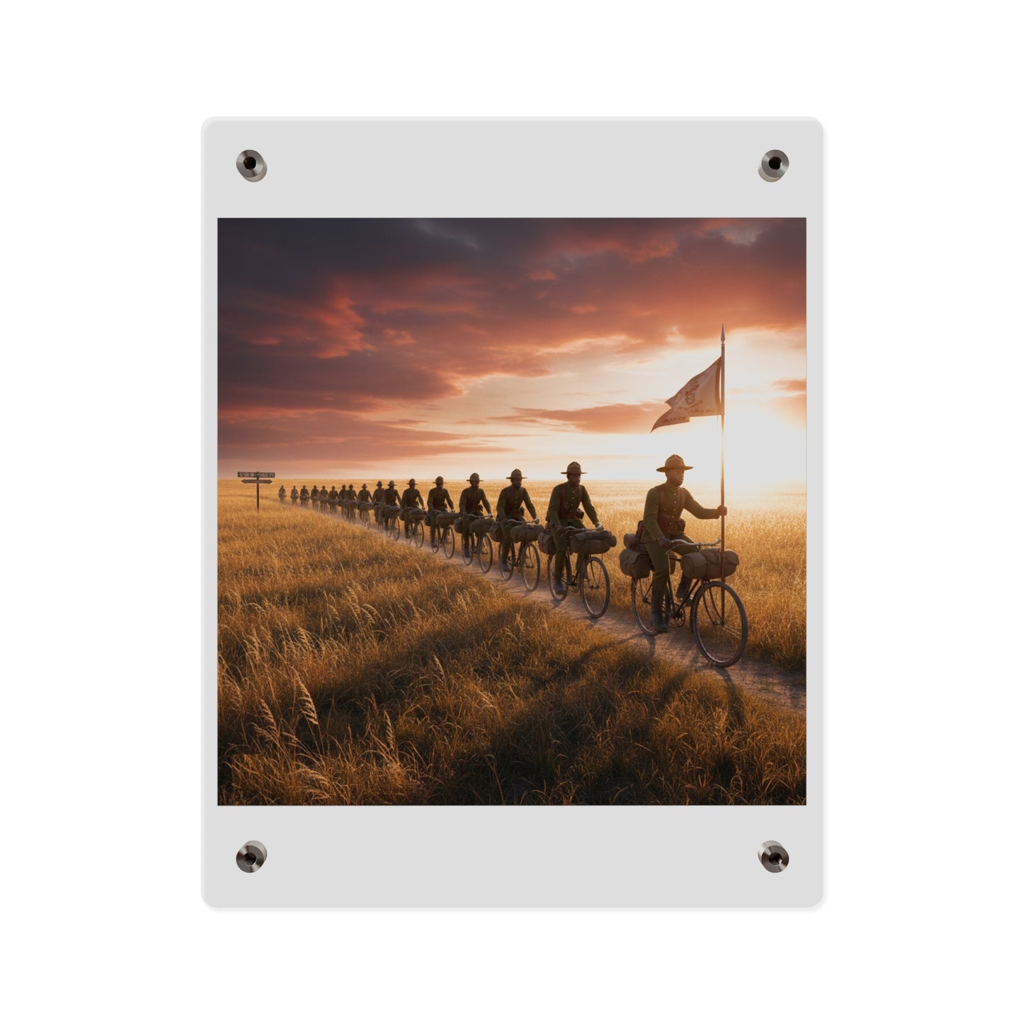 Acrylic Wall Art Panel - E Company 25th Infantry Buffalo Soldiers Bicycle Corps with Guidon on the Prairie at Sunset