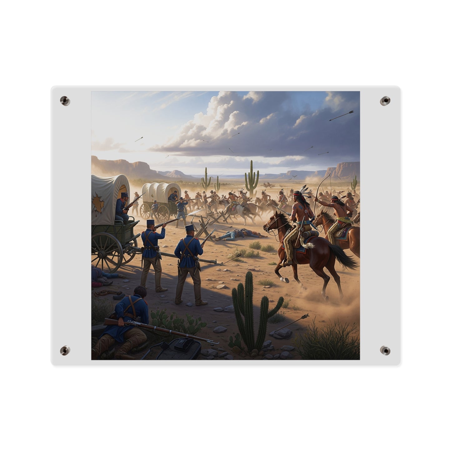 Acrylic Wall Art Panel - Apache Indians attacking a US Army defending a wagon train