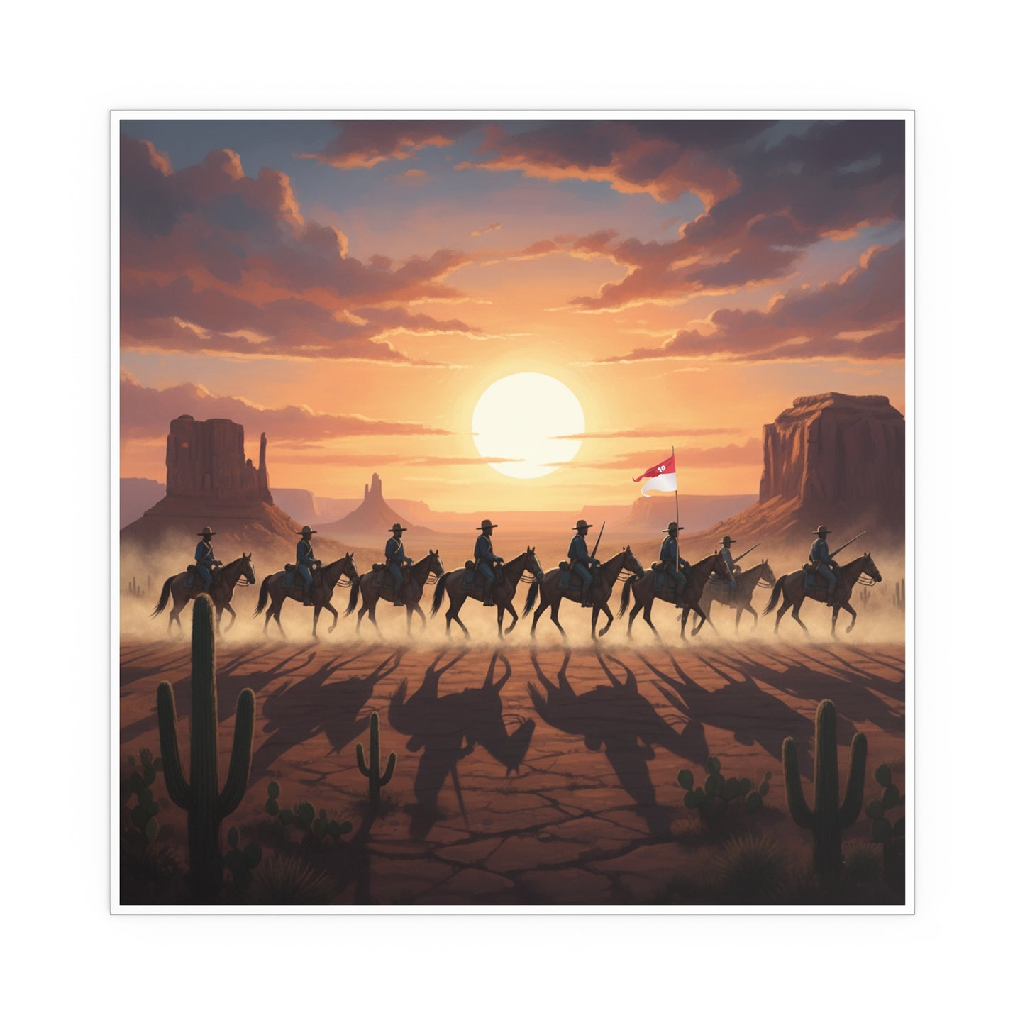 Indoor and Outdoor Silk Posters - 10th Cavalry on Patrol in the sunset w 10th Cav Guidon