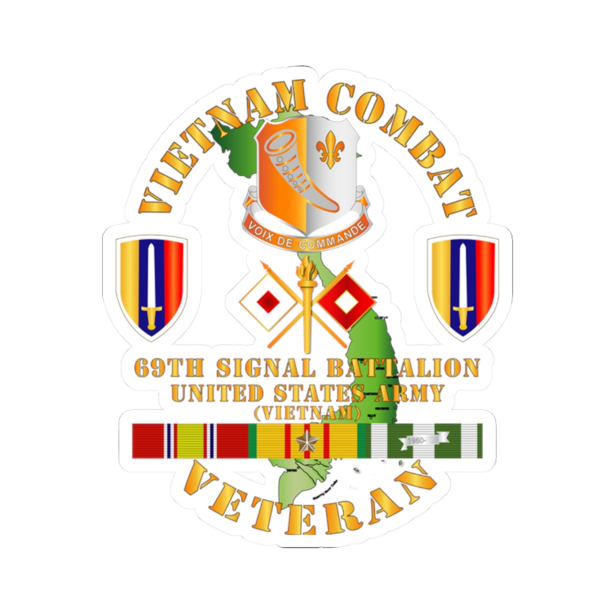 Kiss-Cut Stickers - Vietnam Combat Vet w 69th Signal Bn DUI - USARV w VN SVC