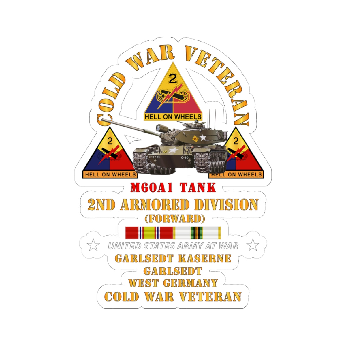 Kiss-Cut Stickers - Cold War Vet - 2nd Armored Division - Garlstedt, Germany - M60A1 Tank w COLD SVC